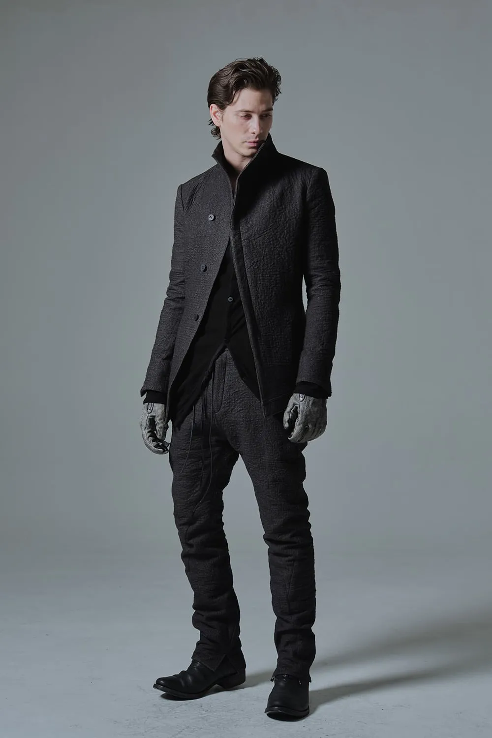 Hand Dyed Linen ×  Freece Needle Punch  Drop Crotch Slim Pants Charcoal - ST107-0039A