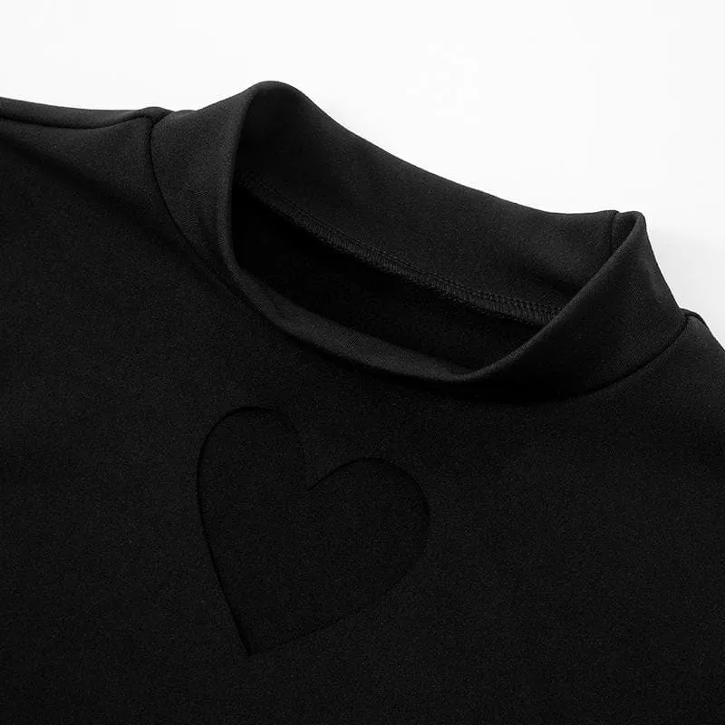 Heart hollow out long sleeve solid high neck cut out mini dress
