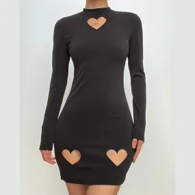 Heart hollow out long sleeve solid high neck cut out mini dress