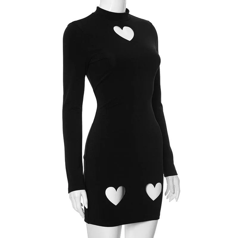 Heart hollow out long sleeve solid high neck cut out mini dress