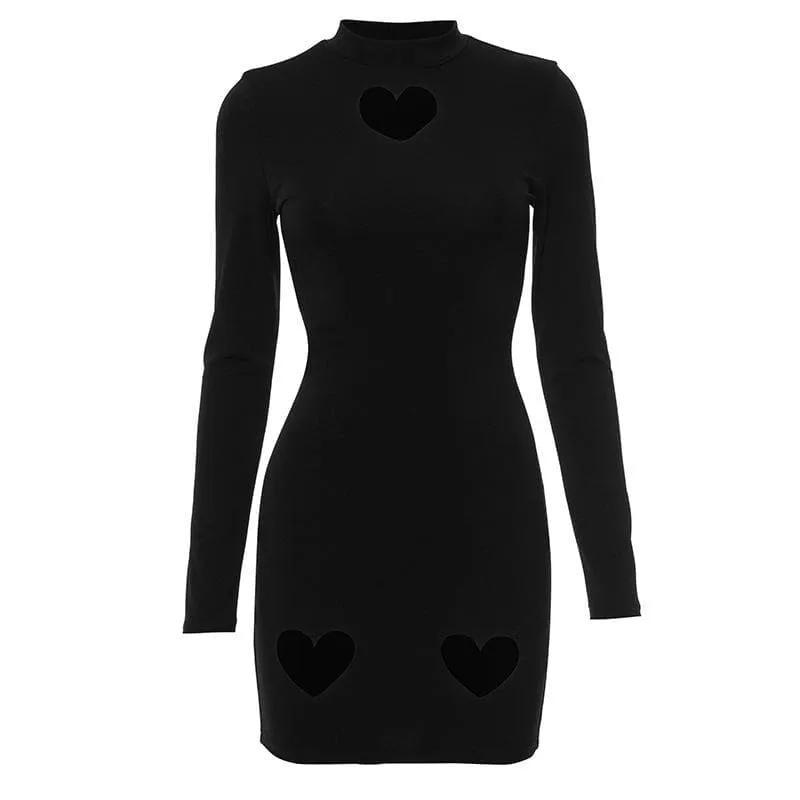 Heart hollow out long sleeve solid high neck cut out mini dress