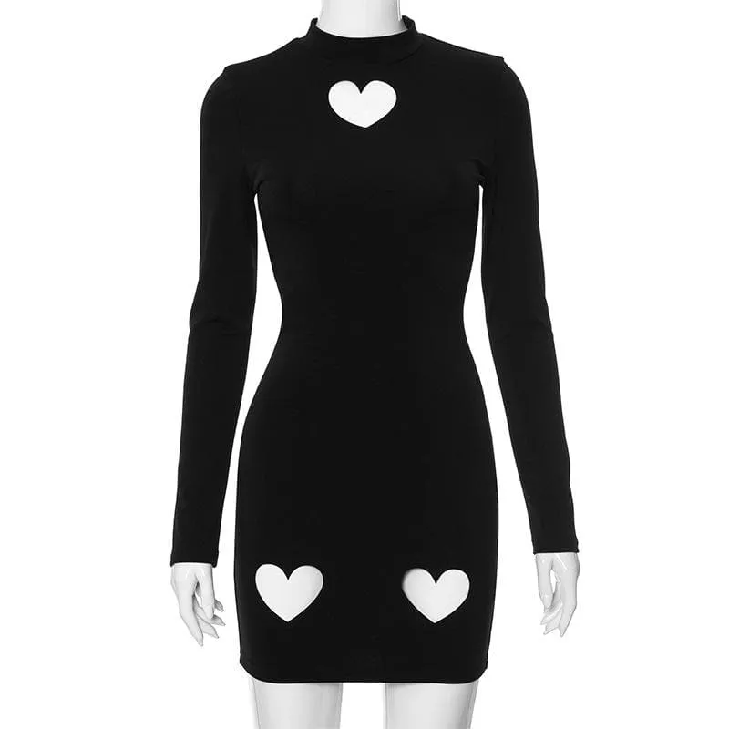 Heart hollow out long sleeve solid high neck cut out mini dress