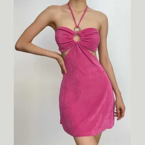 Hollow out solid o ring halter self tie backless cut out mini dress