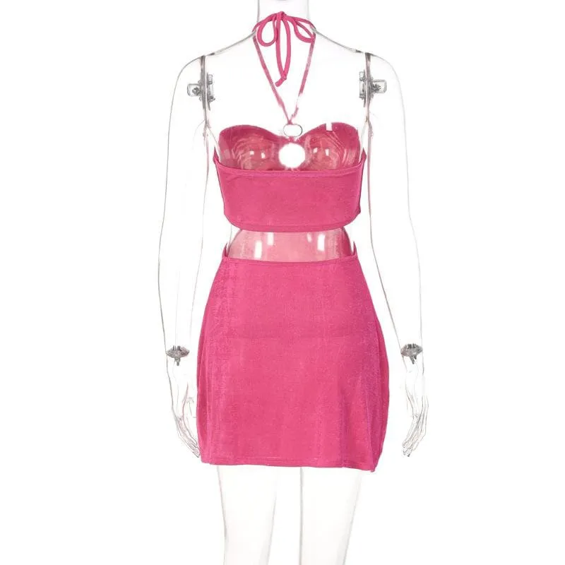 Hollow out solid o ring halter self tie backless cut out mini dress