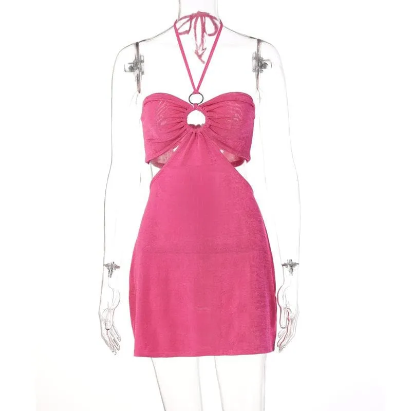 Hollow out solid o ring halter self tie backless cut out mini dress