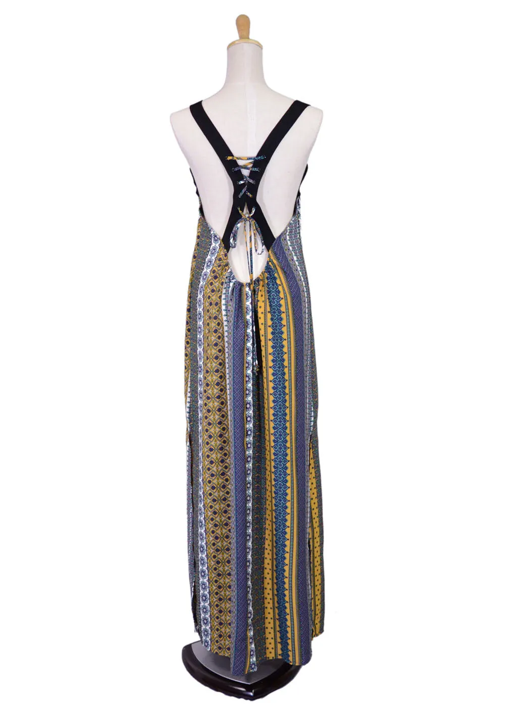 Honey Punch Sleeveless Black Strap All Over Aztec Print Maxi Tie Low Back Dress