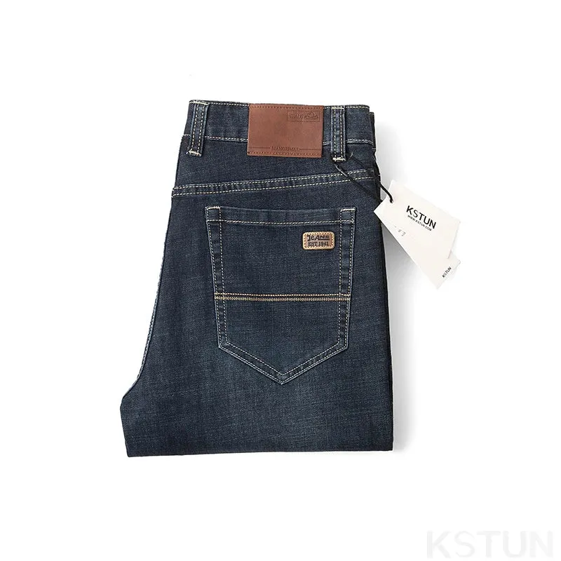 KSTUN Dark Blue Jeans Men Business Casual Denim Pants Straight Cut Classic Jeans Man Full Length Trousers Men's Clothing Autumn