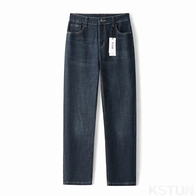 KSTUN Dark Blue Jeans Men Business Casual Denim Pants Straight Cut Classic Jeans Man Full Length Trousers Men's Clothing Autumn