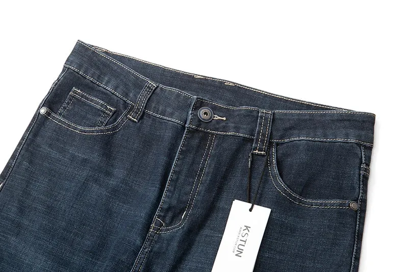 KSTUN Dark Blue Jeans Men Business Casual Denim Pants Straight Cut Classic Jeans Man Full Length Trousers Men's Clothing Autumn