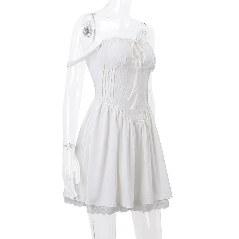 Lace hem lace up ruched backless square neck mini dress