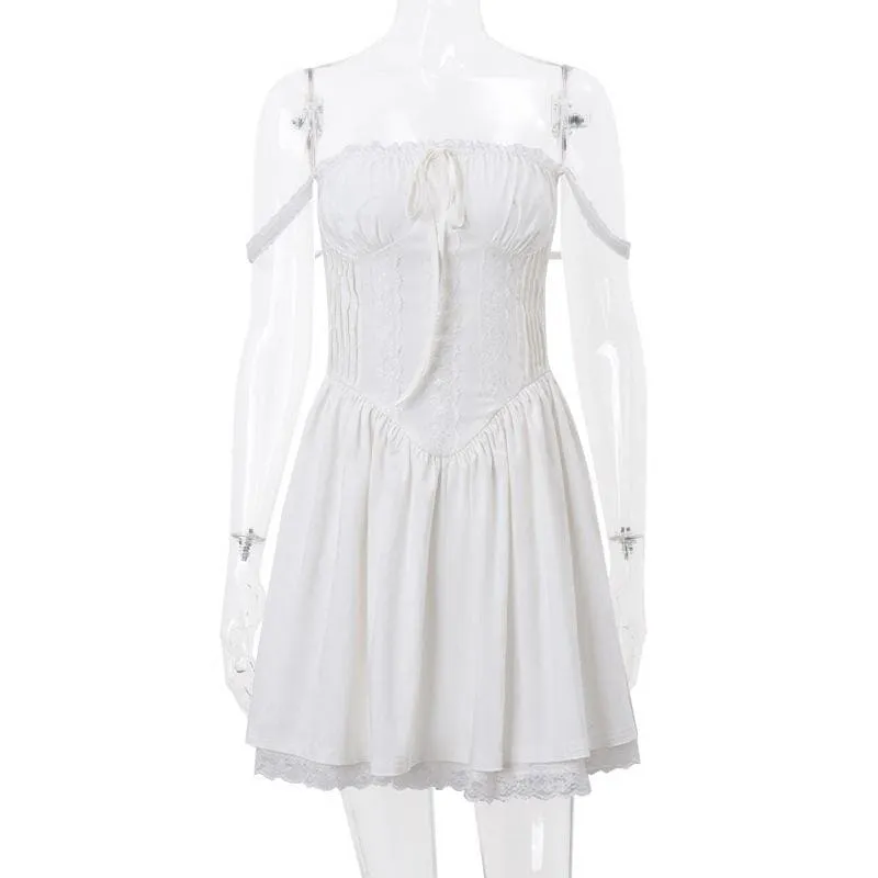 Lace hem lace up ruched backless square neck mini dress