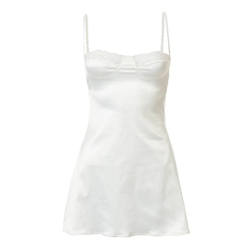 Lace hem satin ruched hollow out backless cami cut out mini dress