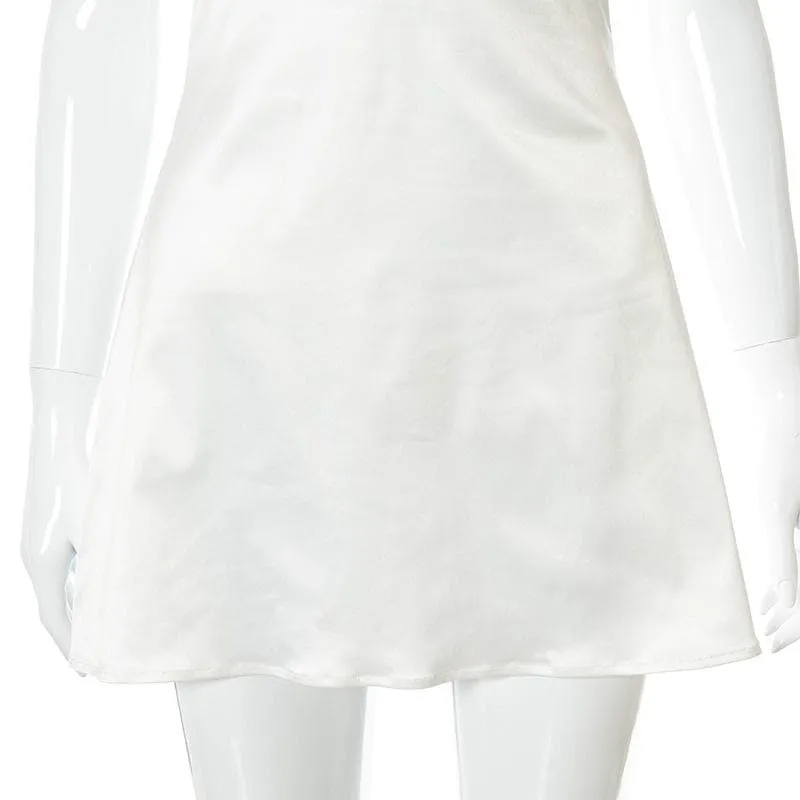 Lace hem satin ruched hollow out backless cami cut out mini dress