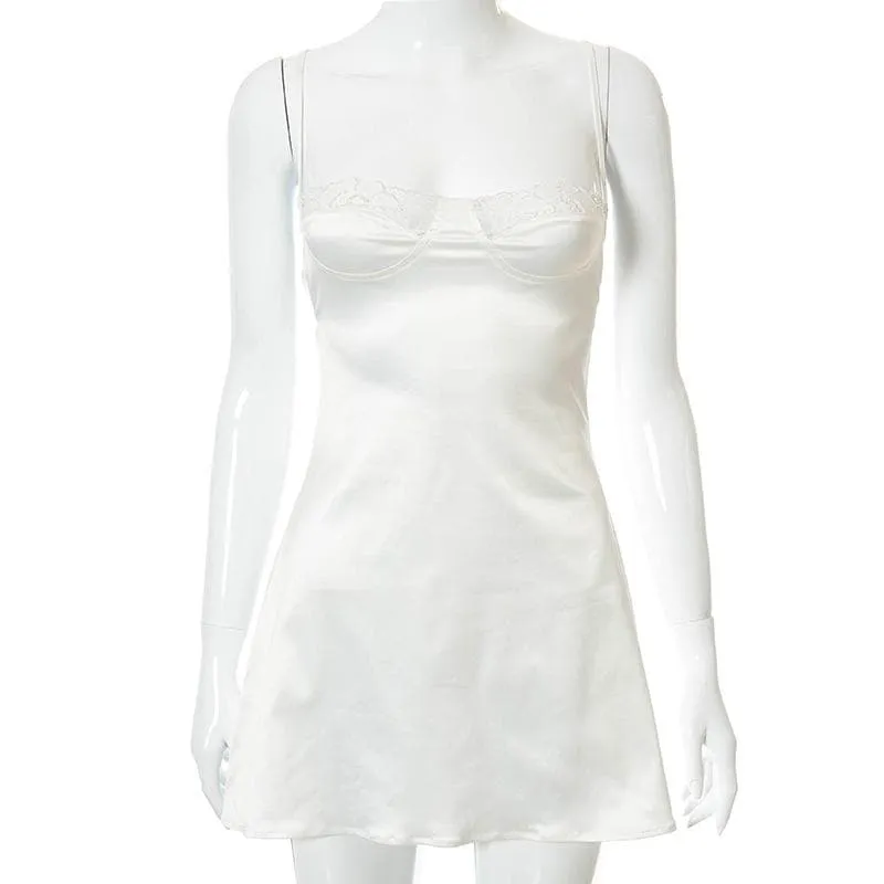 Lace hem satin ruched hollow out backless cami cut out mini dress
