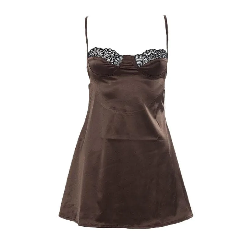 Lace hem satin ruched hollow out backless cami cut out mini dress