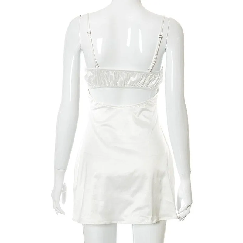Lace hem satin ruched hollow out backless cami cut out mini dress
