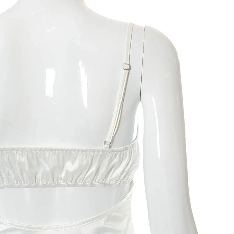 Lace hem satin ruched hollow out backless cami cut out mini dress