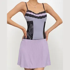 Lace ruffle patchwork ribbedribbed cami mini dress