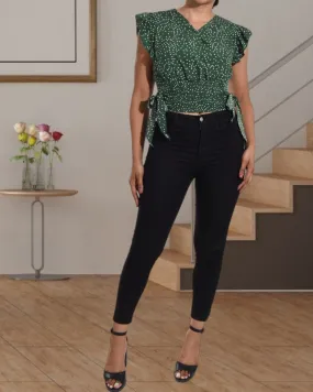 Ladies Shirred V Neck Green Top