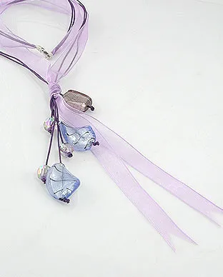 Lavender Purple Sheer Ribbon and Cord Y Necklace 24" Sterling Silver Clasp