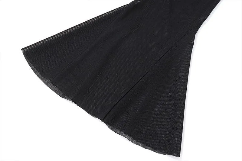 Long flared sleeve crewneck self tie mesh backless mini dress