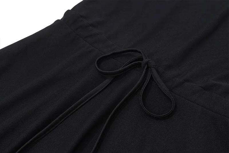Long flared sleeve crewneck self tie mesh backless mini dress