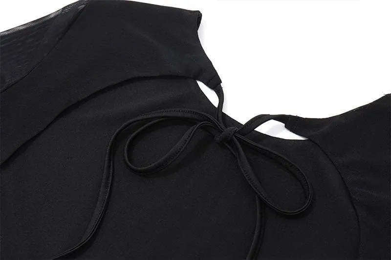 Long flared sleeve crewneck self tie mesh backless mini dress