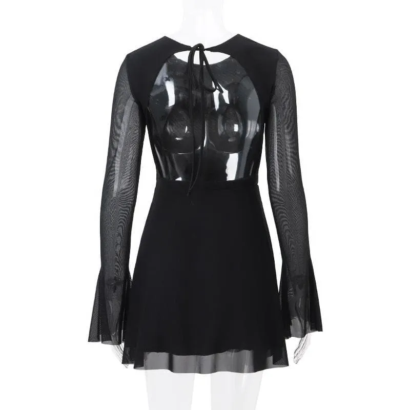 Long flared sleeve crewneck self tie mesh backless mini dress