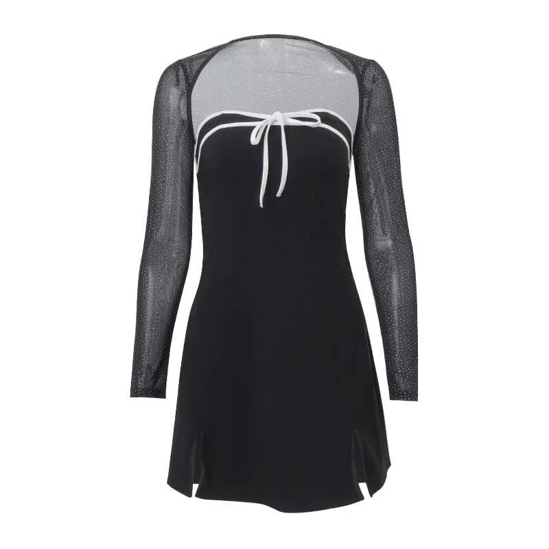 Long sleeve bowknot mesh shrug slit zip-up glitter 2 piece mini dress- Final Sale