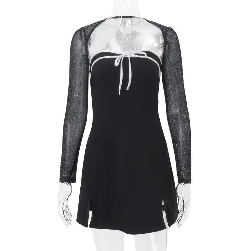 Long sleeve bowknot mesh shrug slit zip-up glitter 2 piece mini dress- Final Sale