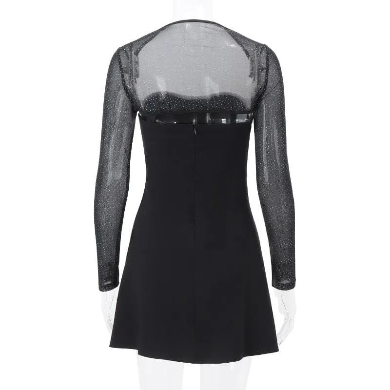 Long sleeve bowknot mesh shrug slit zip-up glitter 2 piece mini dress- Final Sale