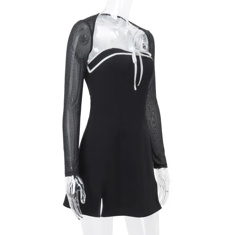 Long sleeve bowknot mesh shrug slit zip-up glitter 2 piece mini dress- Final Sale