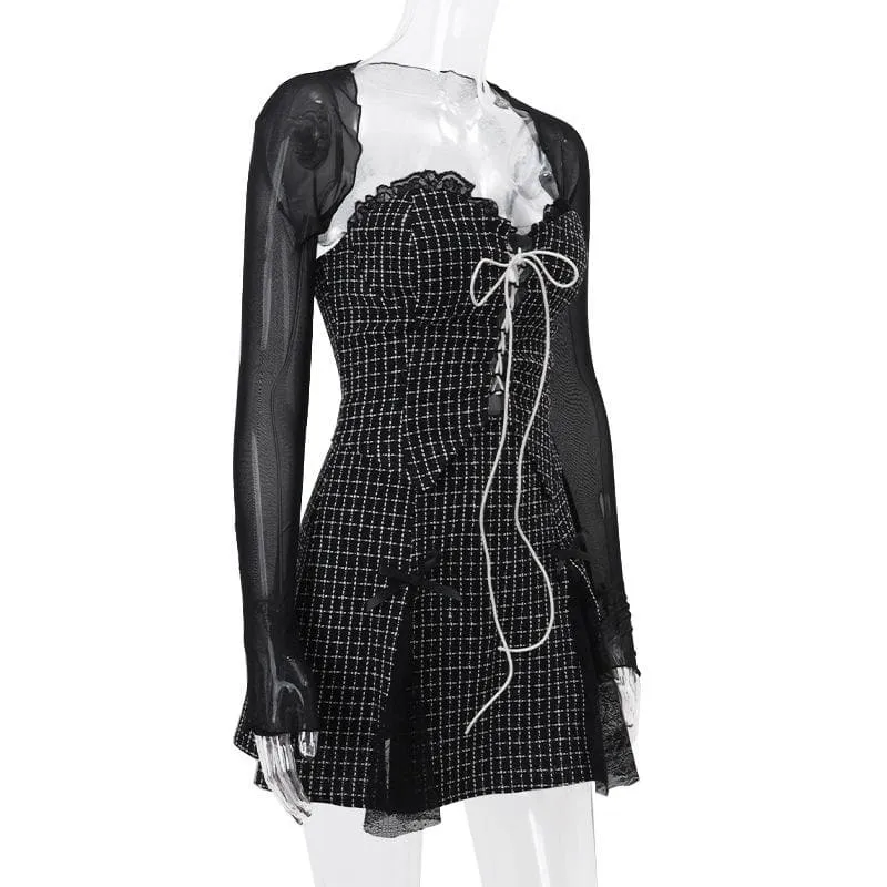 Long sleeve mesh plaid bowknot lace up shrug 2 piece mini dress