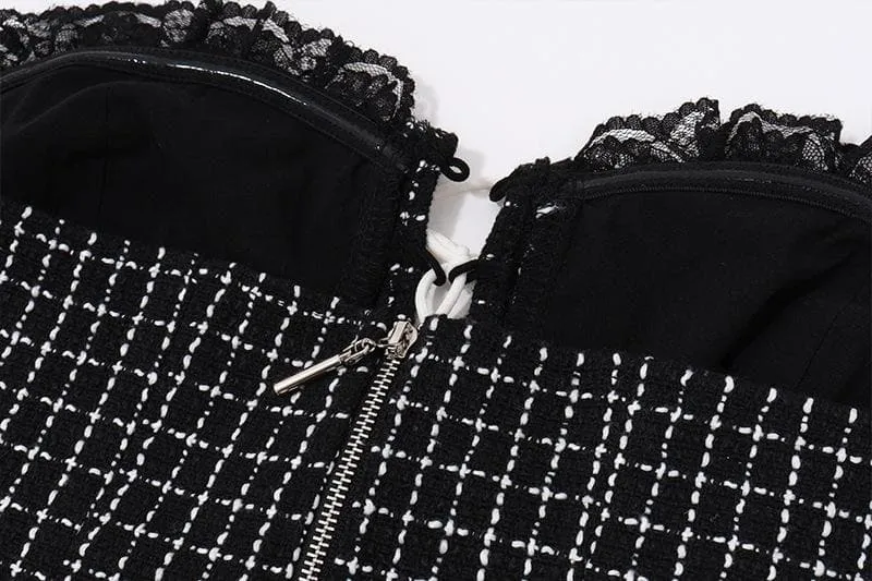Long sleeve mesh plaid bowknot lace up shrug 2 piece mini dress