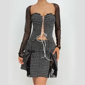 Long sleeve mesh plaid bowknot lace up shrug 2 piece mini dress