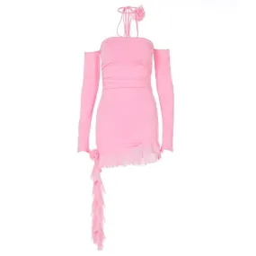 Long sleeve off shoulder flower applique ruffle ruched mini dress