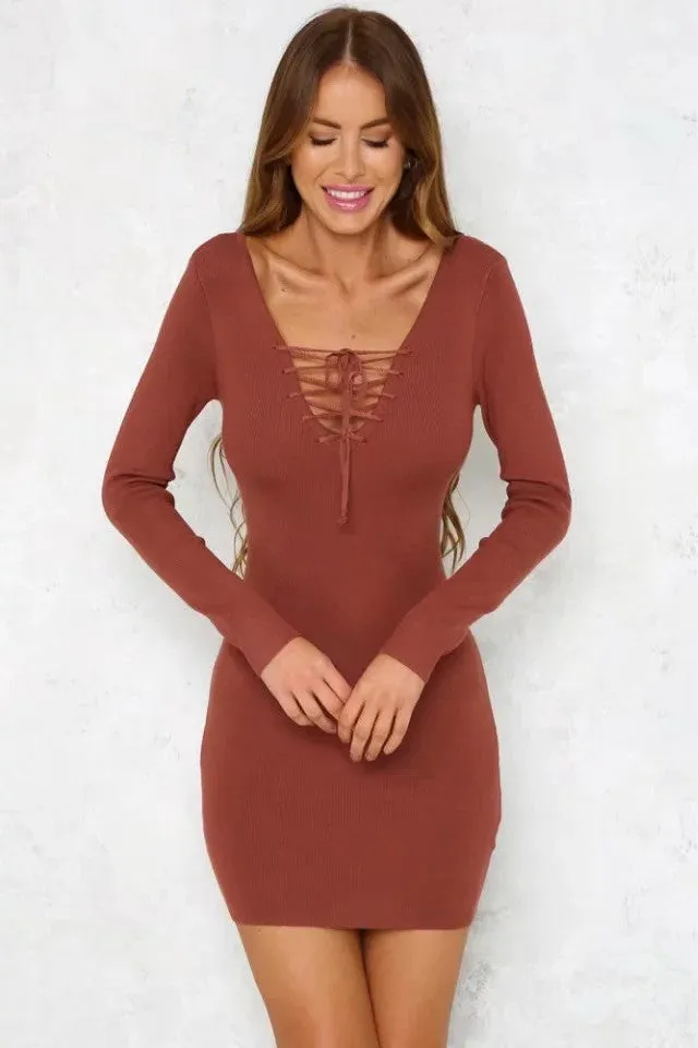 Long Sleeves Pure Color V-neck Lace Up Long Sweater