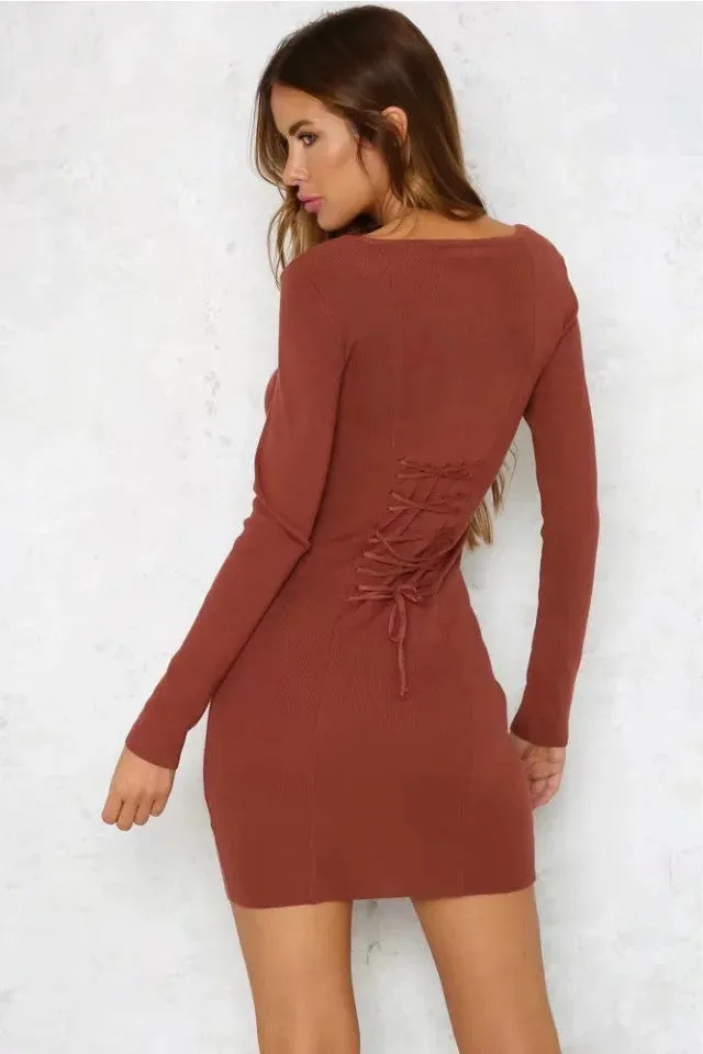 Long Sleeves Pure Color V-neck Lace Up Long Sweater