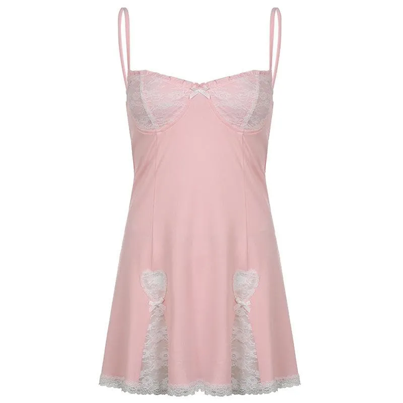 Low cut bowknot lace ruffled cami A line dress
