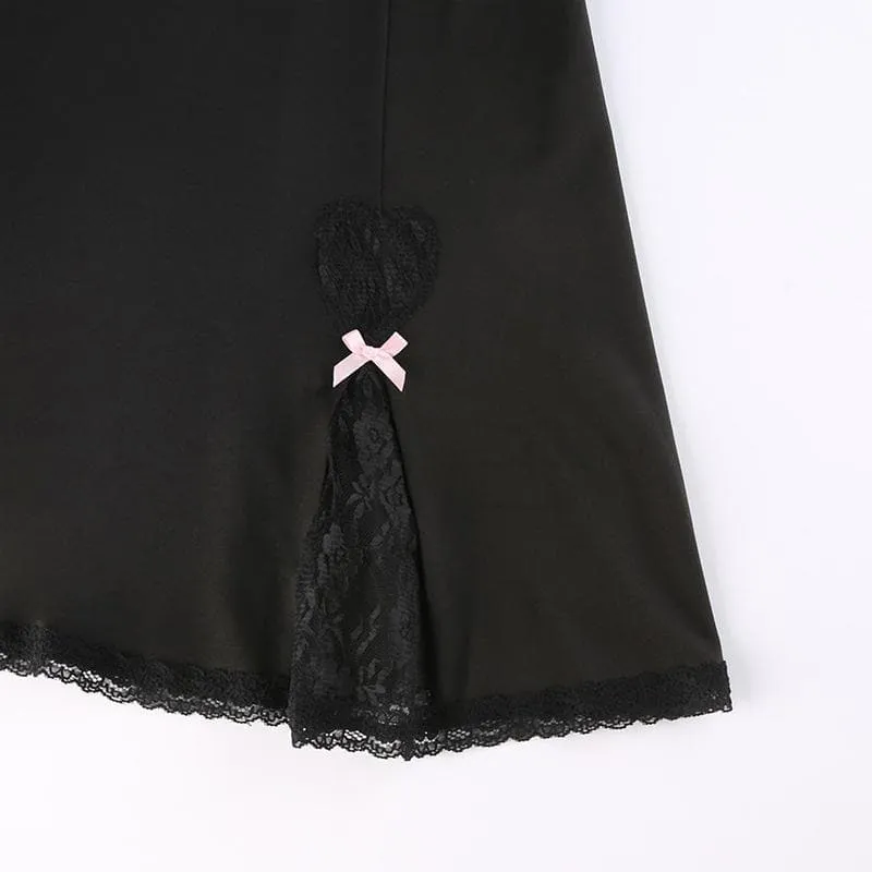 Low cut bowknot lace ruffled cami A line dress