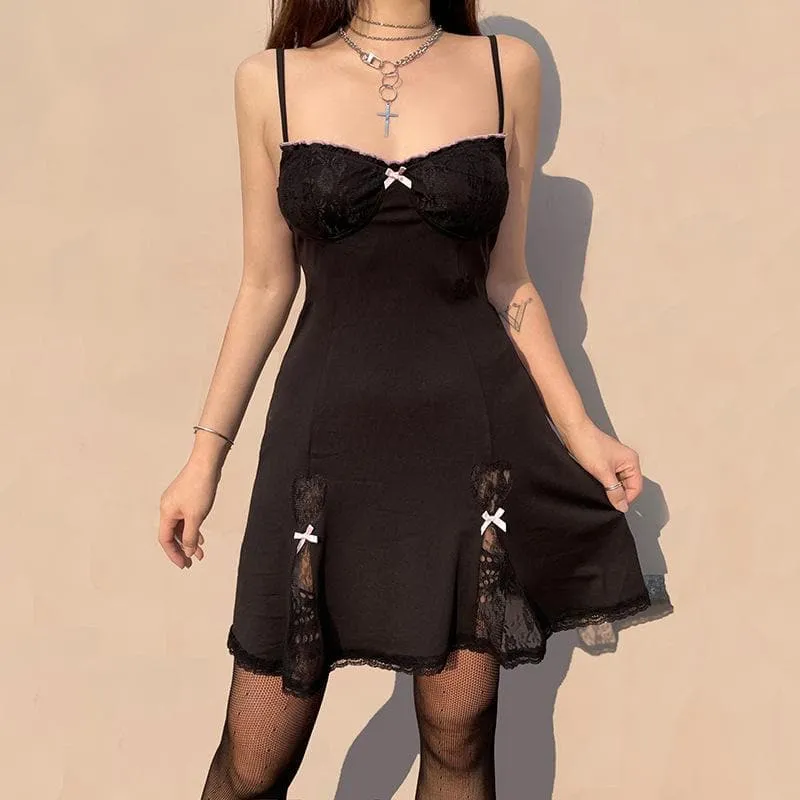 Low cut bowknot lace ruffled cami A line dress