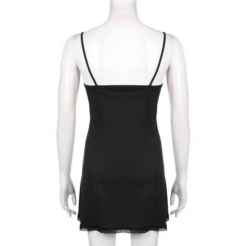Low cut bowknot lace ruffled cami A line dress