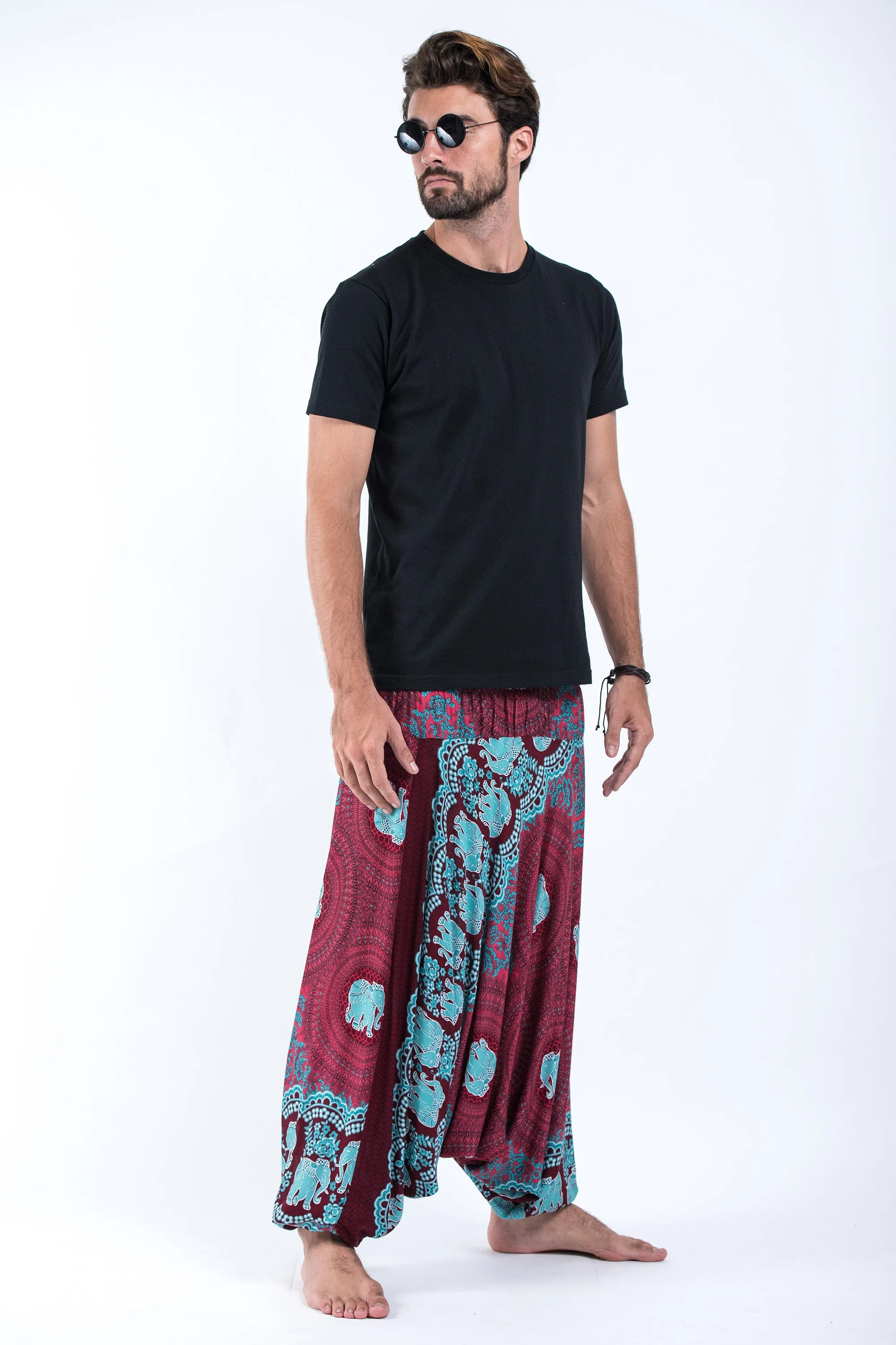 Mandala Elephant Drop Crotch Men's Elephant Pants in Red