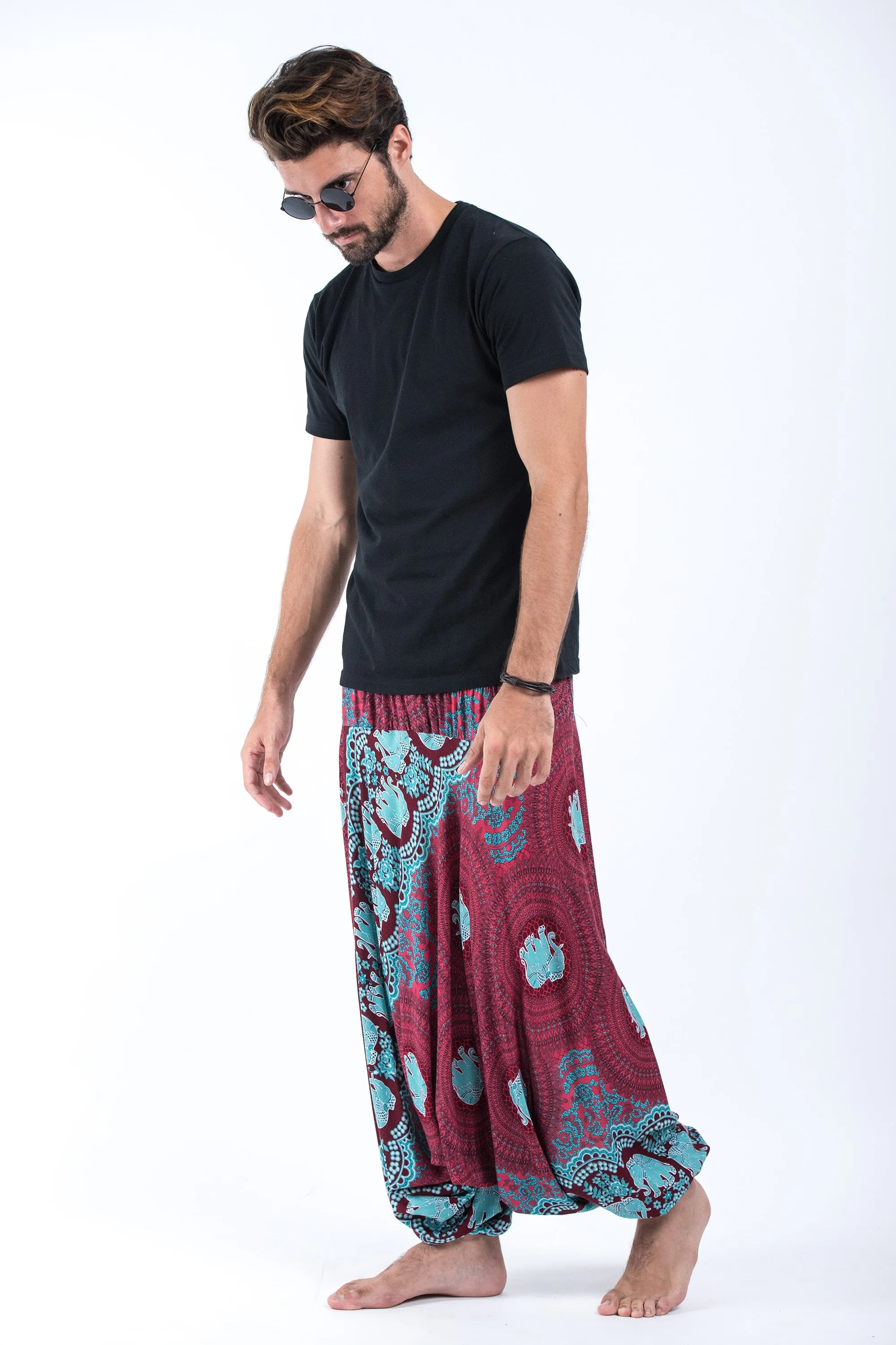 Mandala Elephant Drop Crotch Men's Elephant Pants in Red