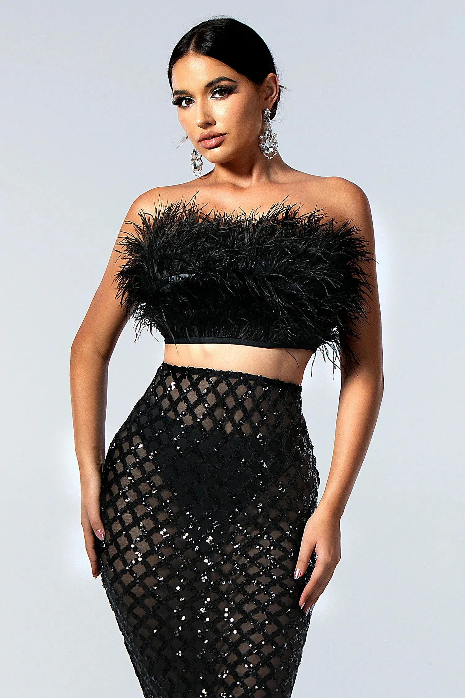 Melaila Strapless Feather Set in Black