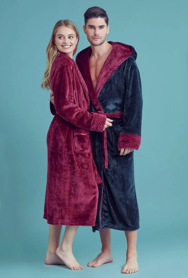 Men Plush Shawl Collar Robe, Fluffy Spa Robes, Winter Warm House & Hotel Robes (Navy & Red)