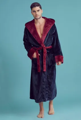 Men Plush Shawl Collar Robe, Fluffy Spa Robes, Winter Warm House & Hotel Robes (Navy & Red)