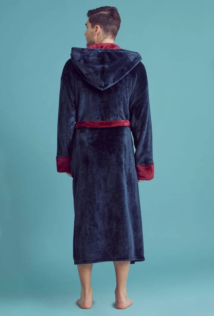 Men Plush Shawl Collar Robe, Fluffy Spa Robes, Winter Warm House & Hotel Robes (Navy & Red)