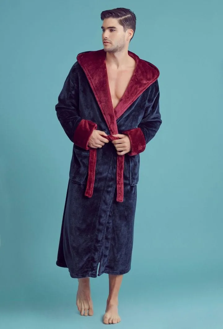 Men Plush Shawl Collar Robe, Fluffy Spa Robes, Winter Warm House & Hotel Robes (Navy & Red)