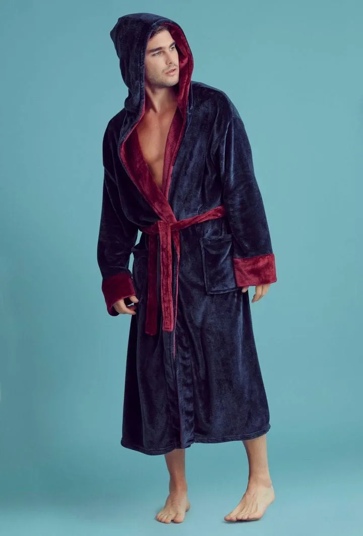 Men Plush Shawl Collar Robe, Fluffy Spa Robes, Winter Warm House & Hotel Robes (Navy & Red)